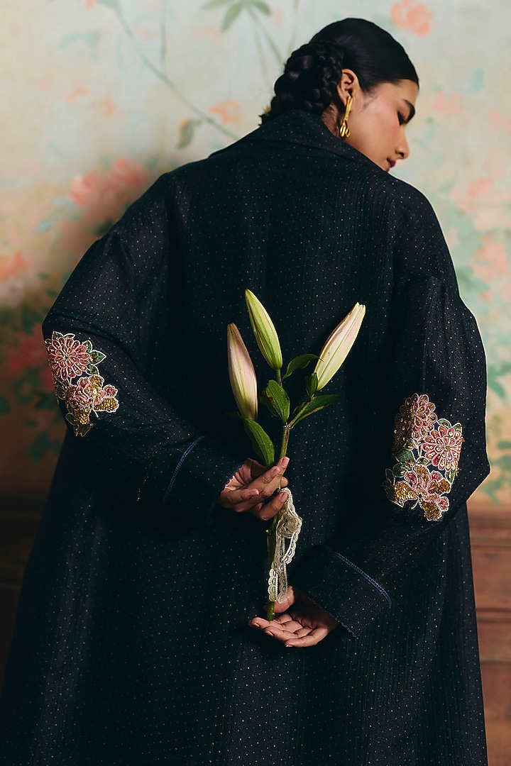 Space Blue Crushed Polka Dot Printed Kurta Set by Paulmi & Harsh at Pernia's Pop Up Shop