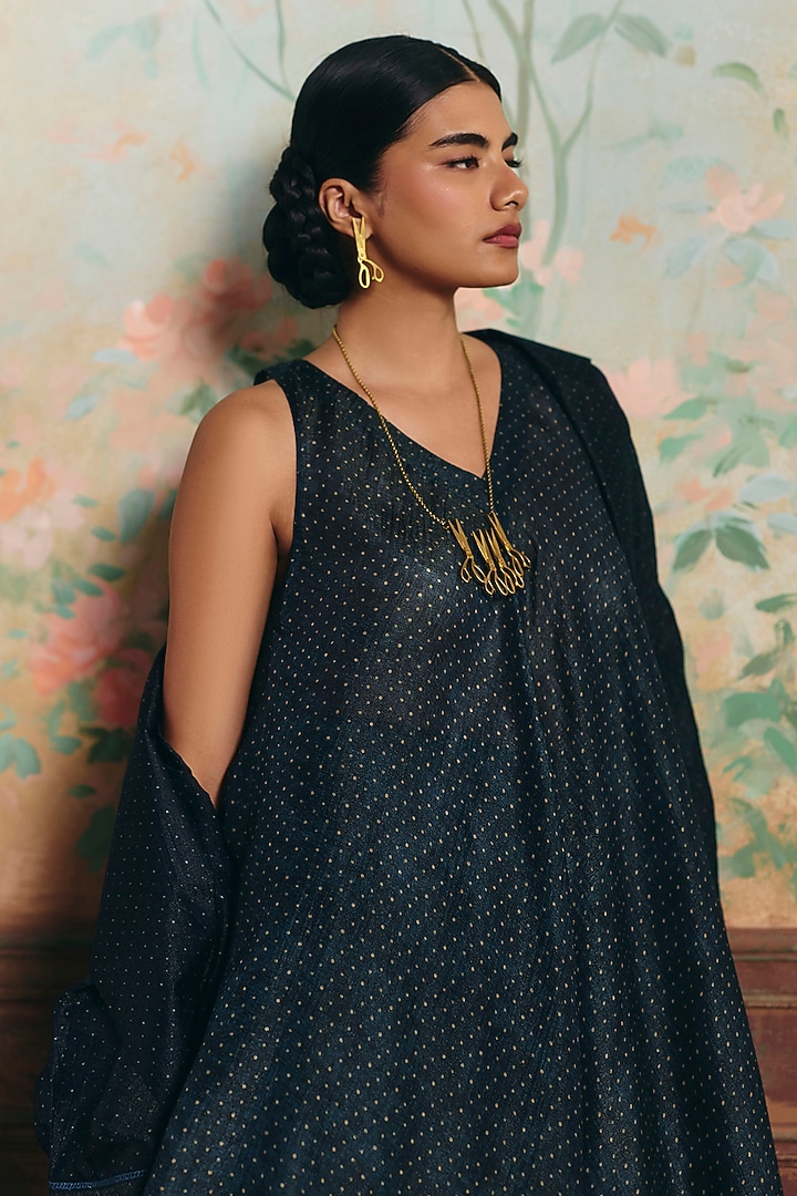 Space Blue Crushed Polka Dot Printed Kurta Set by Paulmi & Harsh at Pernia's Pop Up Shop
