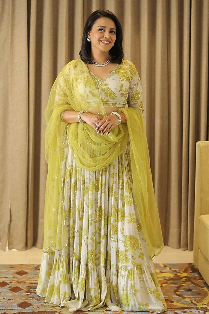 Off-White & Yellow Georgette Printed Wedding Lehenga Set by Paulmi & Harsh at Pernia's Pop Up Shop