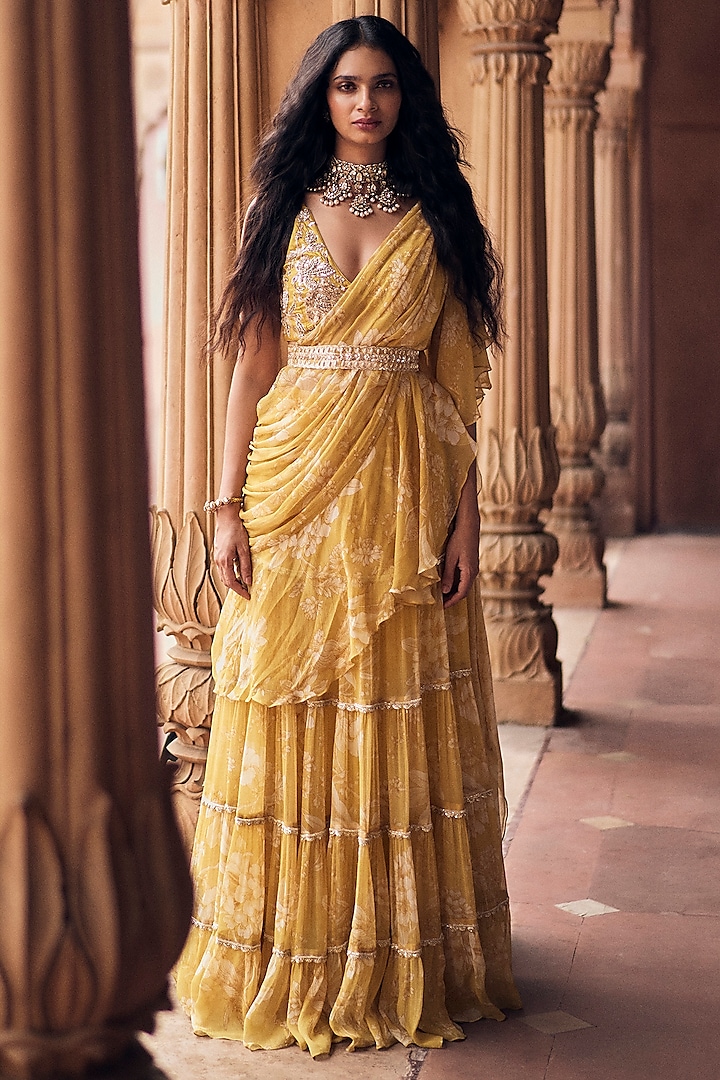 Yellow Banglori Chiffon Floral Printed Pre-Draped Saree Set by Paulmi & Harsh at Pernia's Pop Up Shop