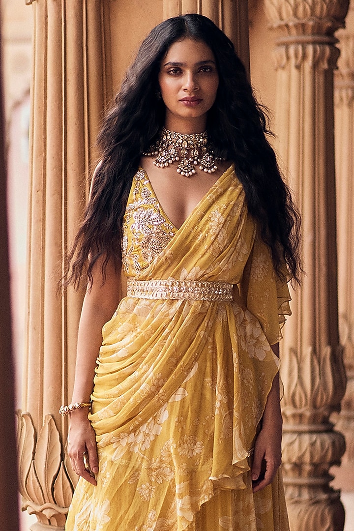 Yellow Banglori Chiffon Floral Printed Pre-Draped Wedding Saree Set by Paulmi & Harsh at Pernia's Pop Up Shop