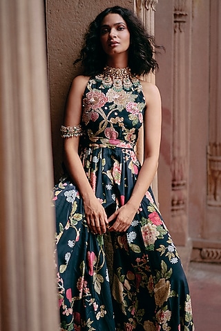 Black Crepe Floral Printed Jumpsuit With Belt by Paulmi & Harsh