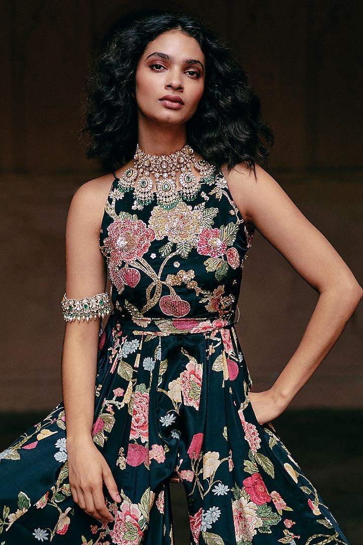Black Crepe Floral Printed Jumpsuit With Belt by Paulmi & Harsh at Pernia's Pop Up Shop