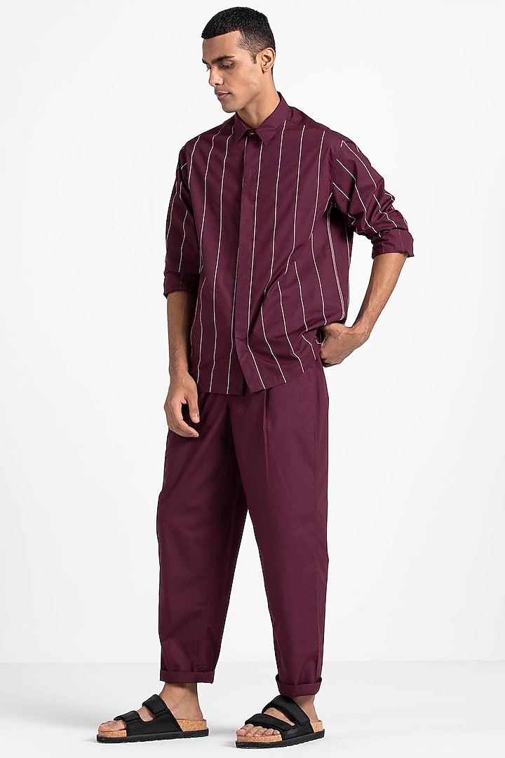 Wine Poplin Embroidered Co-Ord Set by Three Men