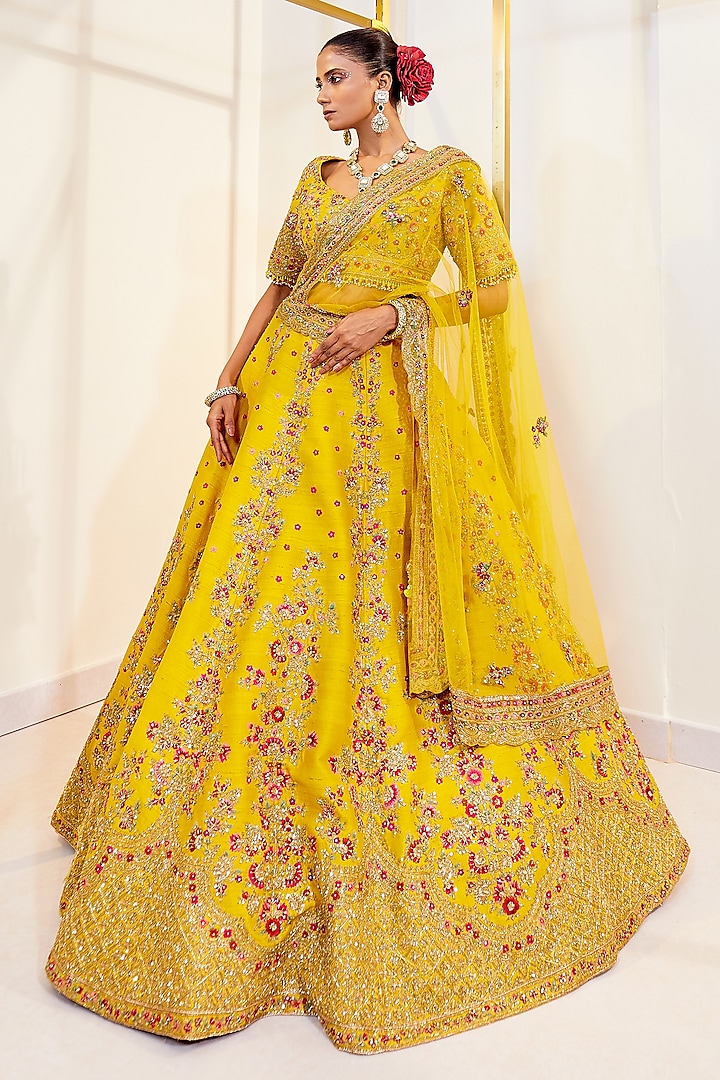 Mustard Raw Silk Zardosi Work Bridal Lehenga Set by Pallavi Poddar (India) at Pernia's Pop Up Shop