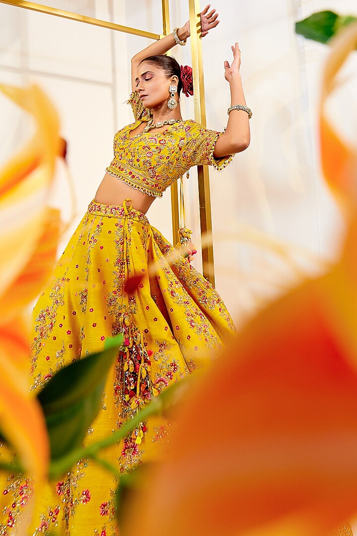 Mustard Raw Silk Zardosi Work Bridal Lehenga Set by Pallavi Poddar (India) at Pernia's Pop Up Shop