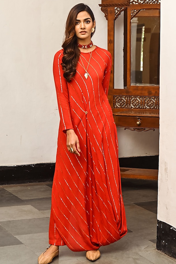 Red Rayon Crepe Pant Set by Palak & Mehak at Pernia's Pop Up Shop