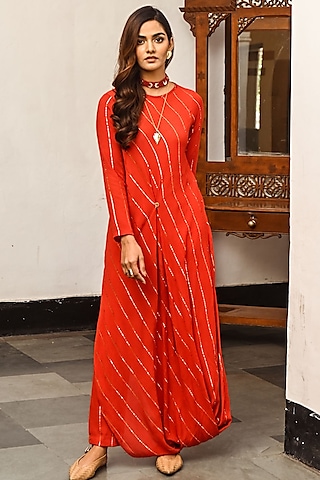 Red Rayon Crepe Pant Set by Palak & Mehak