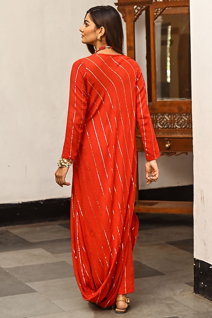 Red Rayon Crepe Pant Set by Palak & Mehak at Pernia's Pop Up Shop