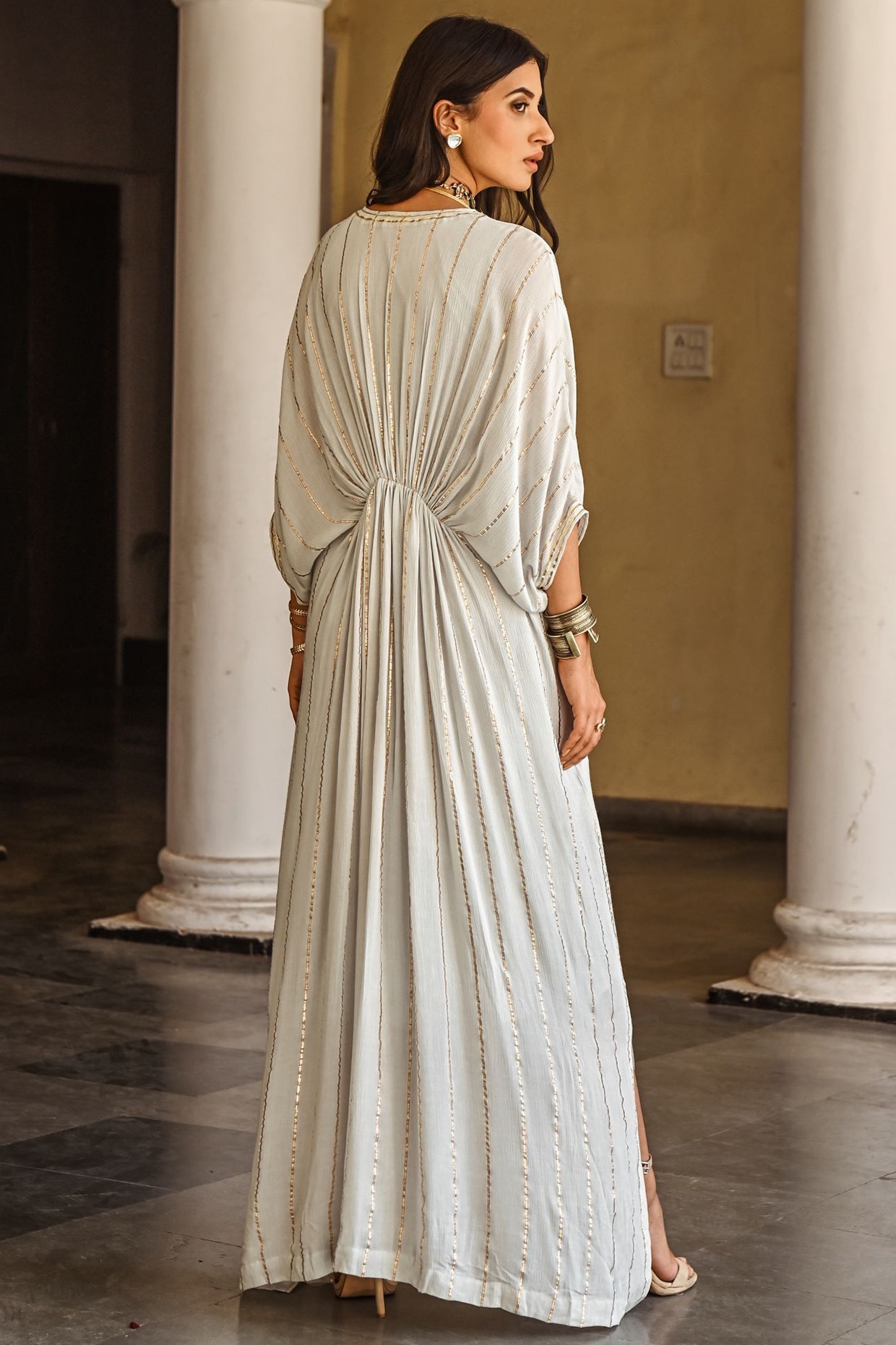 Beige Printed Kaftan Dress Design by Palak & Mehak at Pernia's Pop Up Shop  2024