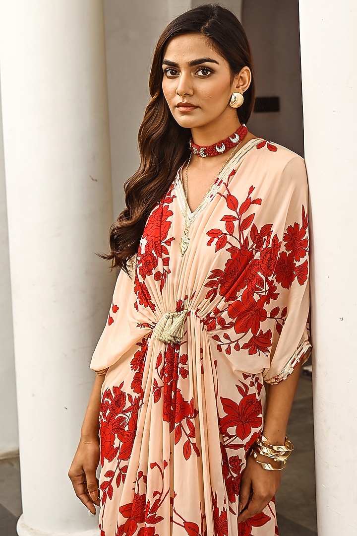 Beige Printed Kaftan Summer Dress by Palak & Mehak at Pernia's Pop Up Shop