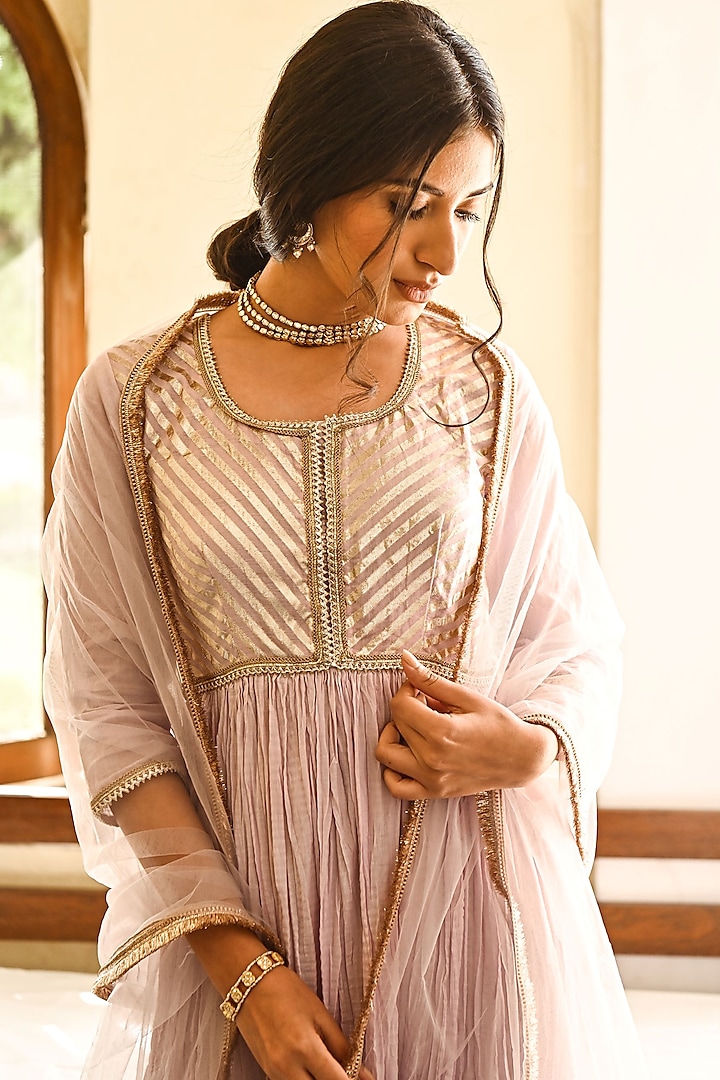 Lavender Cotton Party Wear Anarkali Set by Palak & Mehak at Pernia's Pop Up Shop