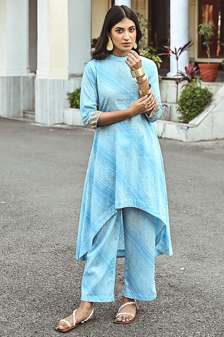 Light Blue Printed Co-Ord Set by Palak & Mehak at Pernia's Pop Up Shop