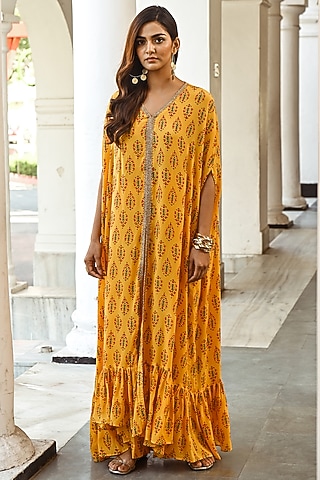 Mustard Printed Kaftan Set by Palak & Mehak