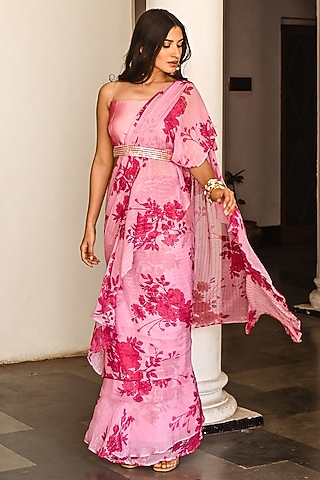 Fuchsia Pure Georgette Printed Pre-Stitched Saree Set by Palak & Mehak