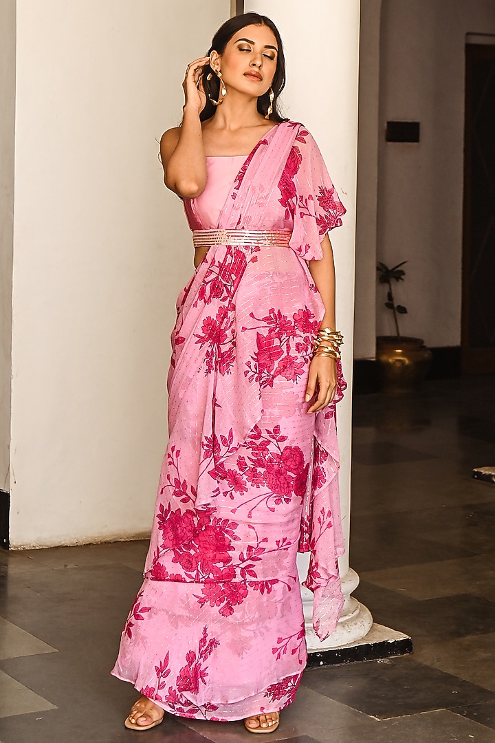 Fuchsia Pure Georgette Printed Pre-Stitched Festive Saree Set by Palak & Mehak at Pernia's Pop Up Shop
