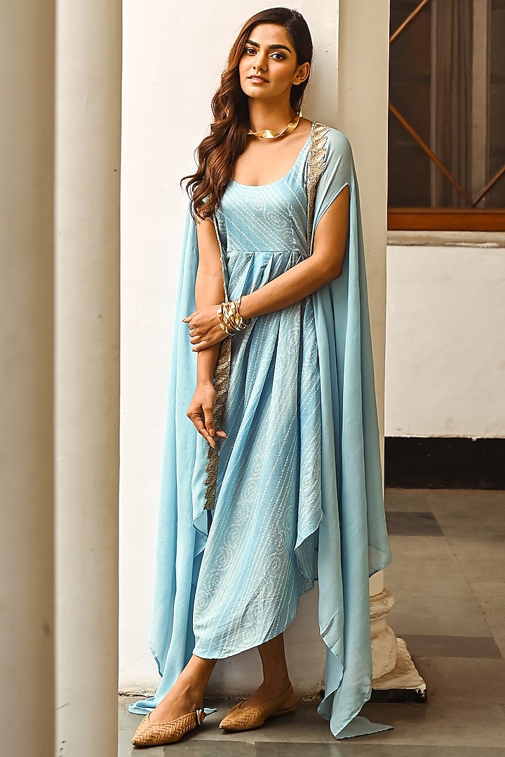 Light Blue Printed Dress With Cape by Palak & Mehak