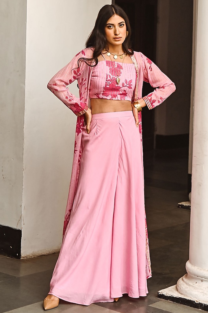 Fuchsia Printed Pant Set With Cape by Palak & Mehak