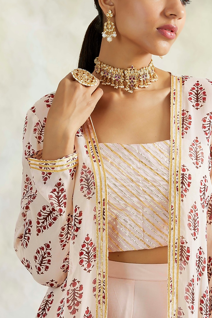 Peach Block Printed Cape Set by Palak & Mehak at Pernia's Pop Up Shop