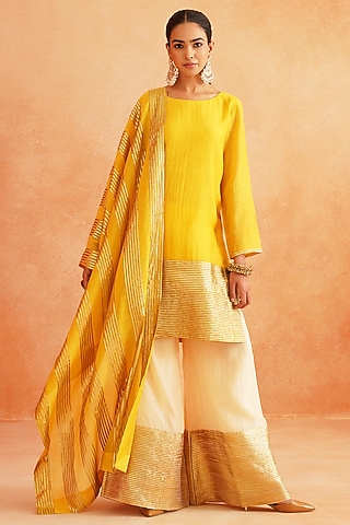 Warm Mustard Yellow Pure Soft Chanderi Gota Embroidered Kurta Set by Palak & Mehak