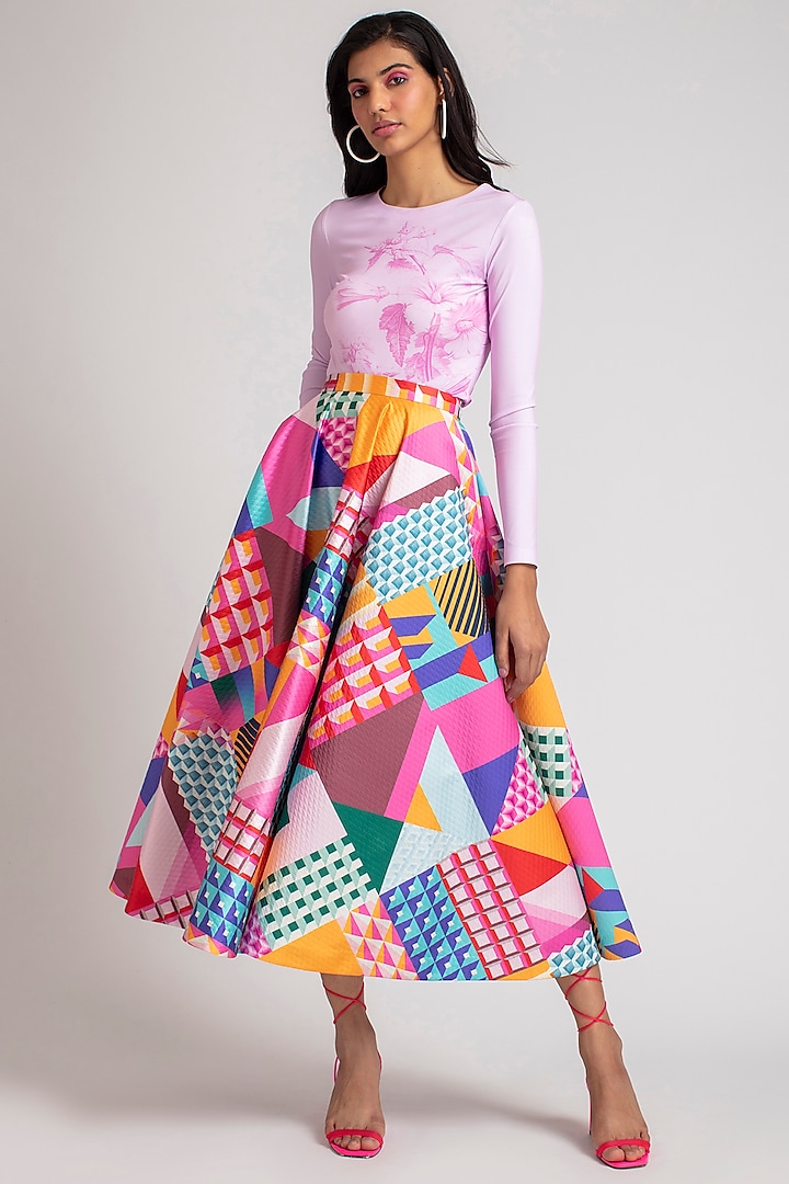 Multi Colored Graphic Printed Midi Skirt by Pankaj & Nidhi