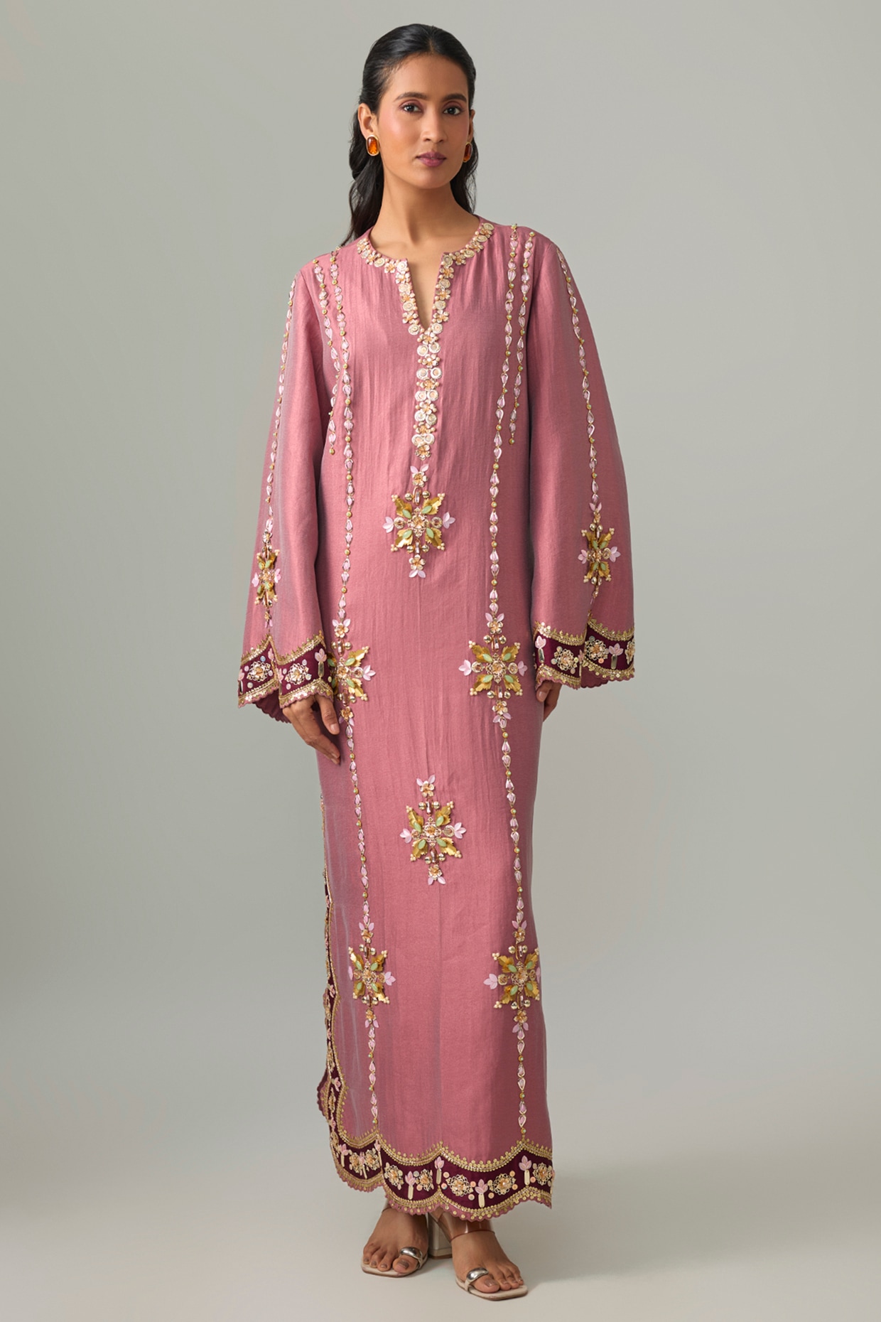 PAPA DONT PREACH PRET Pink Silk Pearl Embroidered Kaftan