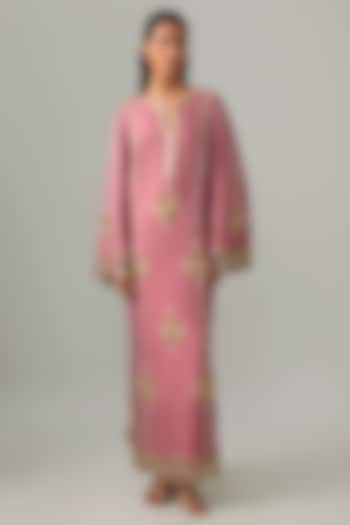 Pink Silk Pearl Embroidered Kaftan by PAPA DONT PREACH PRET at Pernia's Pop Up Shop