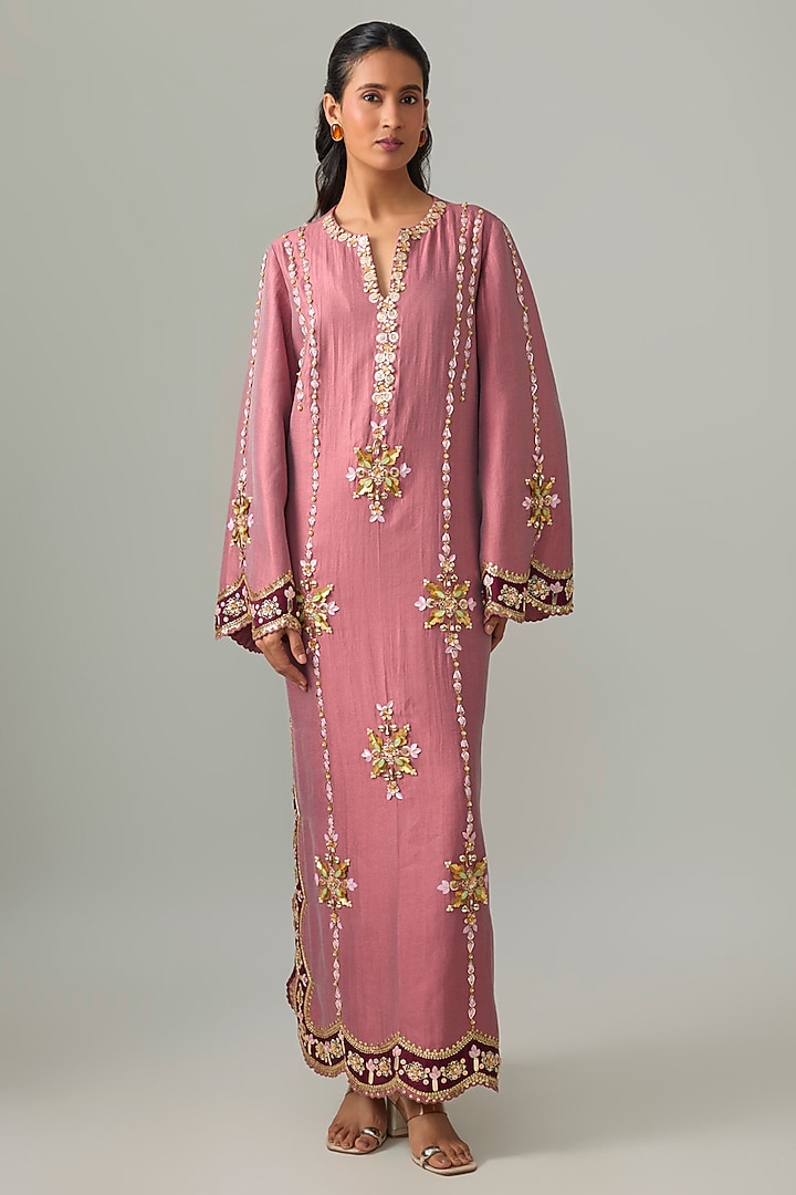 Pink Silk Pearl Embroidered Kaftan by PAPA DONT PREACH PRET at Pernia's Pop Up Shop