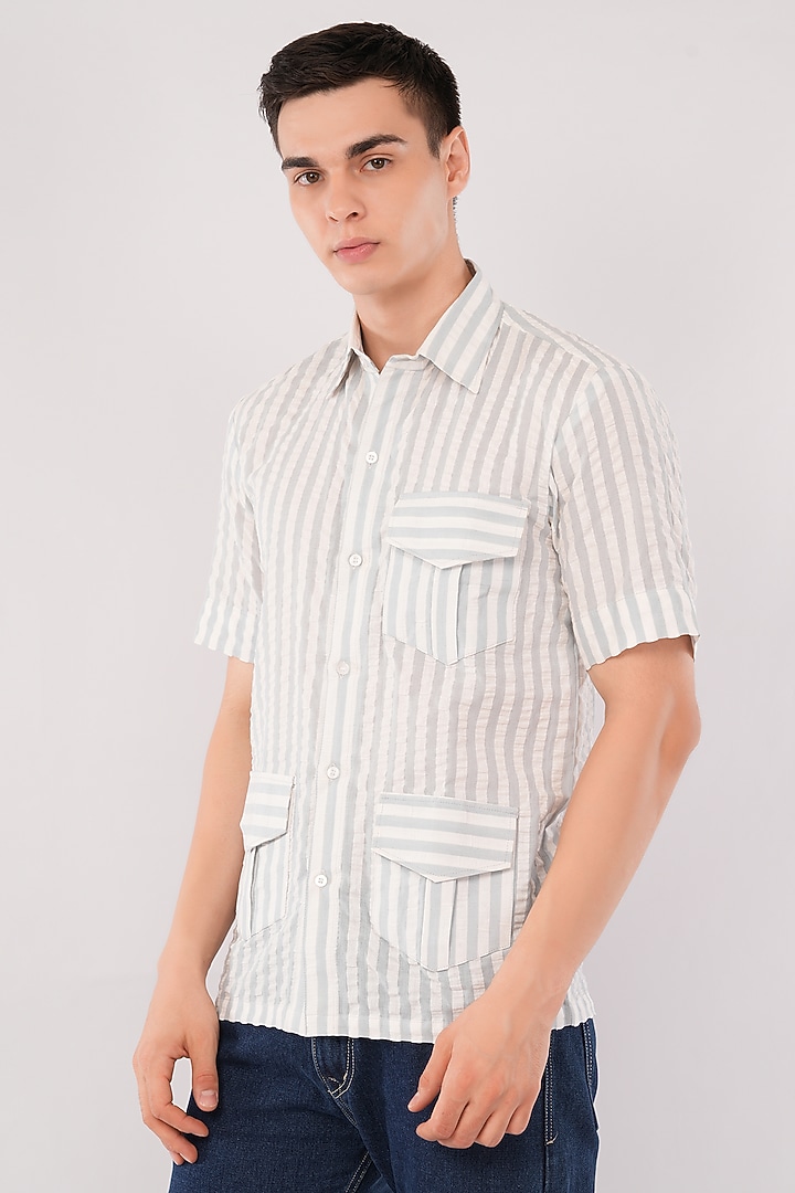 White & Blue Cotton Striped Party Wear Shirt by Pasqo Label at Pernia's Pop Up Shop