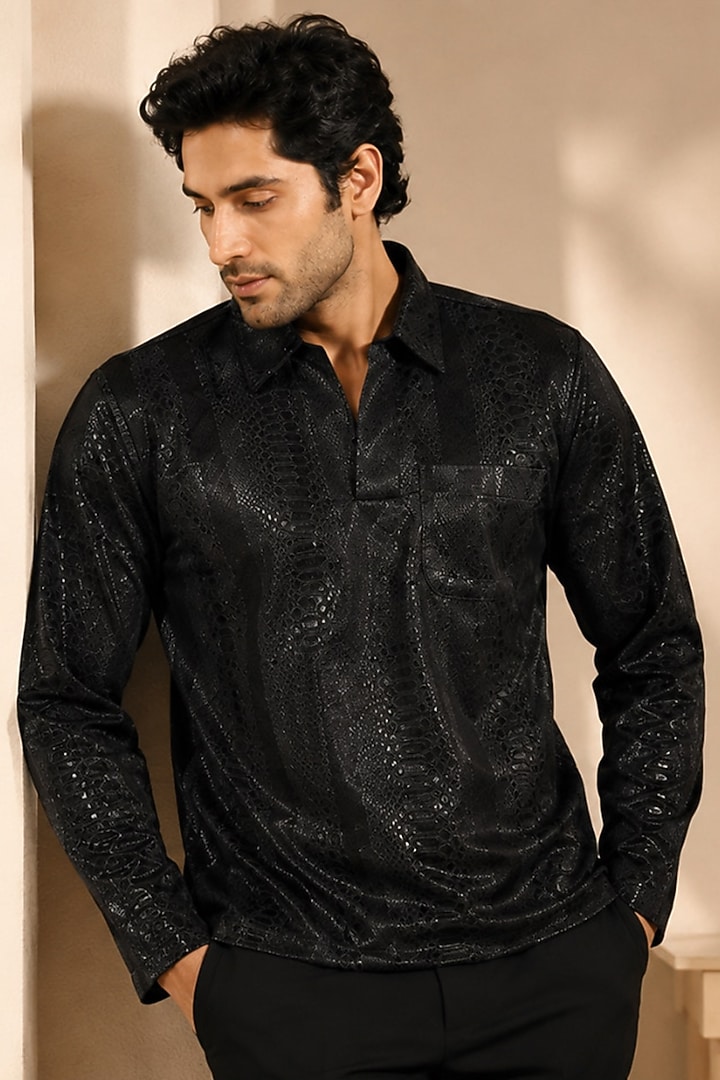 Black Faux Leather Party Wear Shirt by Pasqo Label at Pernia's Pop Up Shop