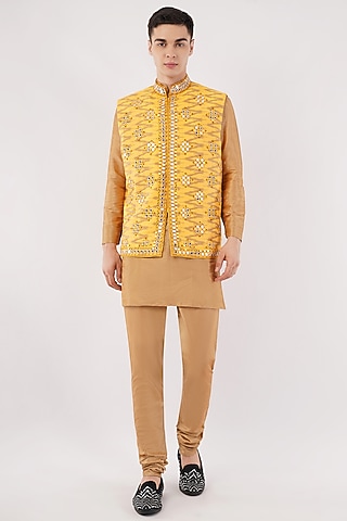 Yellow Silk Hand & Machine Embroidered Waistcoat Set by Pasqo Label