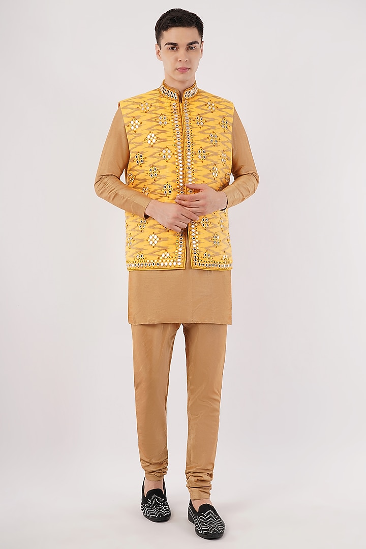 Yellow Silk Hand & Machine Embroidered Waistcoat Set by Pasqo Label at Pernia's Pop Up Shop