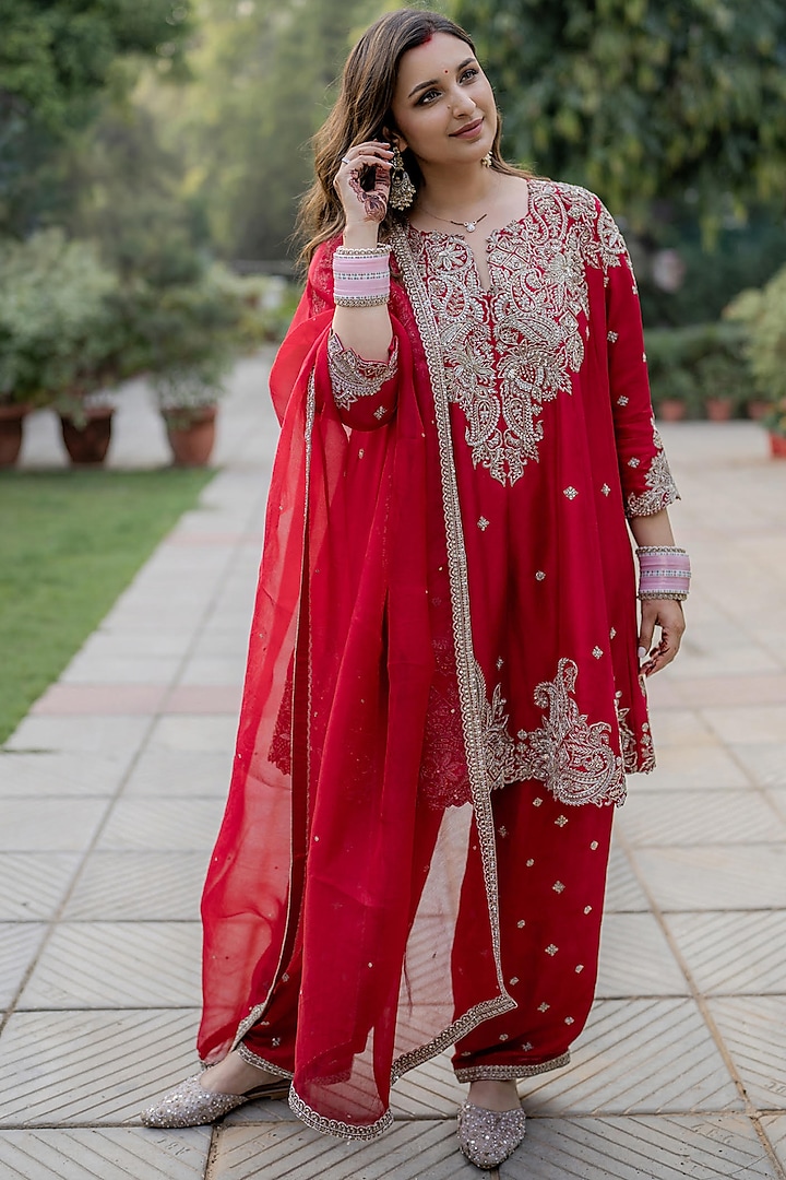 Red Pure Silk Hand Embroidered Short Anarkali Set by Mrunalini Rao