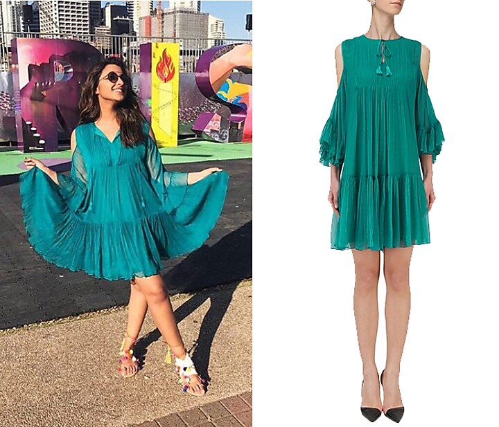 Teal cold shoulder pleated dress earrings available only at Pernia's Pop Up Shop.
