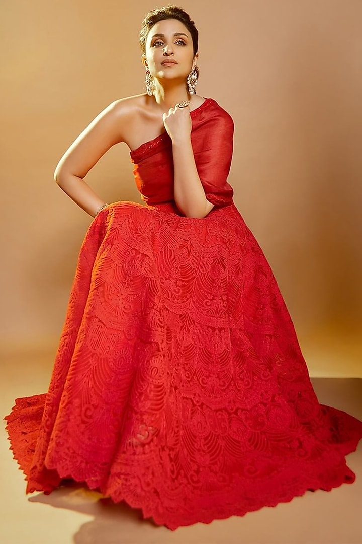Vermillion Red Tulle & Organza Gown by Jade By Monica And Karishma