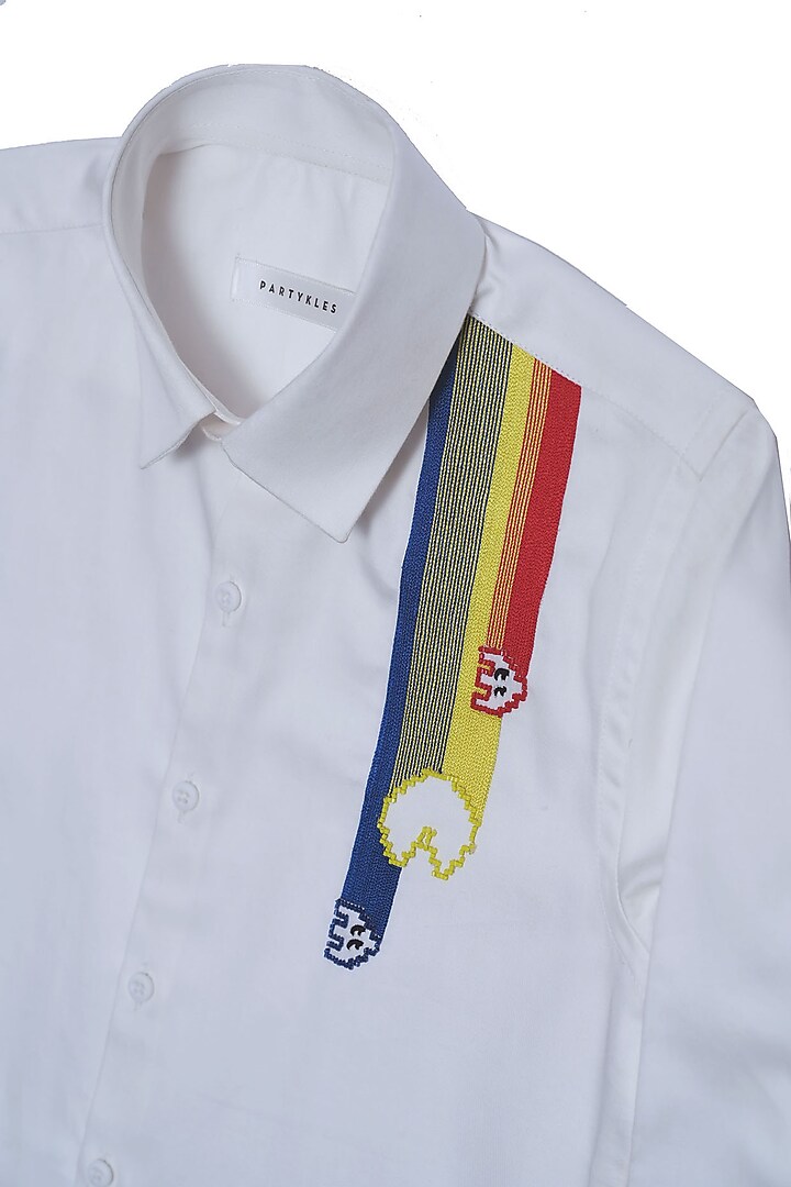 White Cotton Satin Embroidered Shirt For Boys by Partykles at Pernia's Pop Up Shop