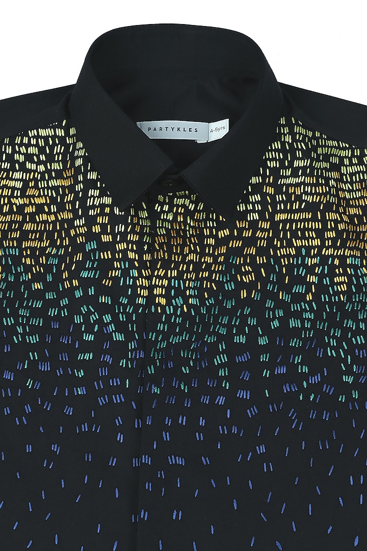 Black Cotton Satin Embroidered Shirt For Boys by Partykles at Pernia's Pop Up Shop