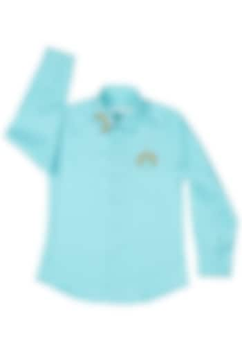 Blue Cotton Satin Embroidered Shirt For Boys by Partykles at Pernia's Pop Up Shop