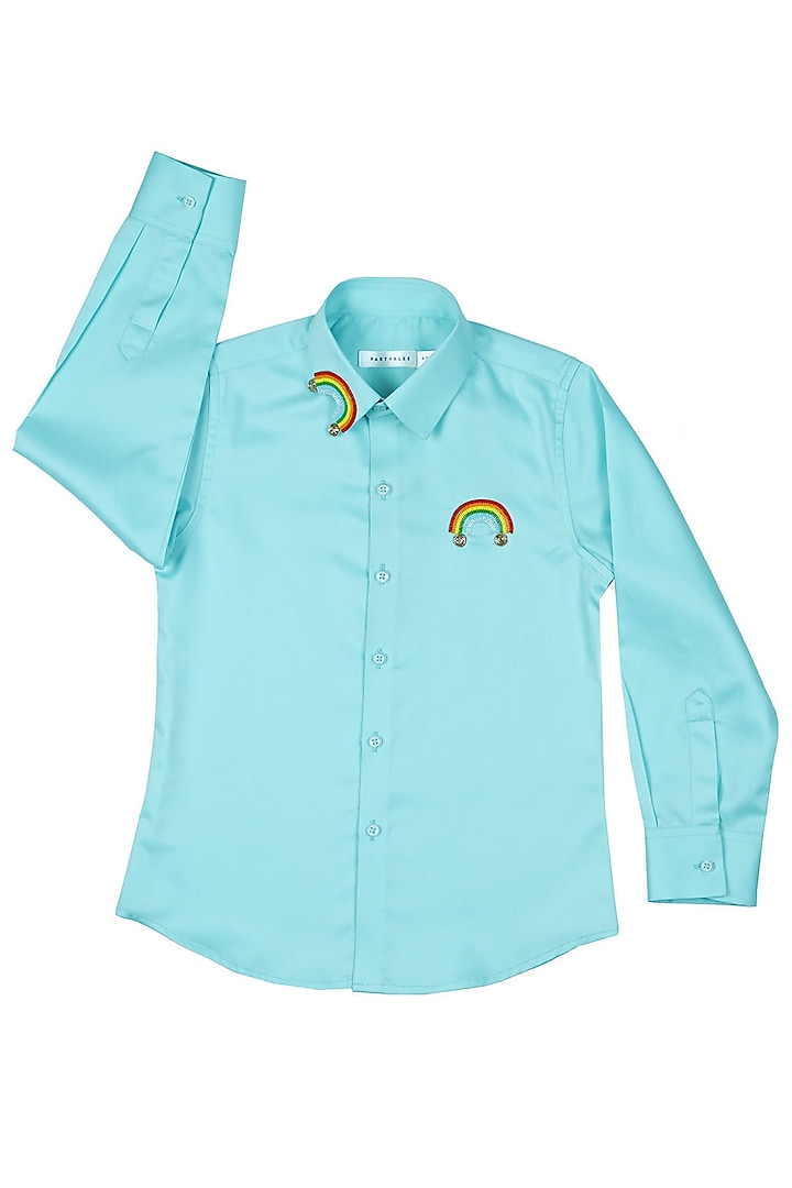 Blue Cotton Satin Embroidered Shirt For Boys by Partykles at Pernia's Pop Up Shop