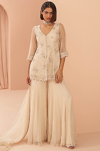 Ivory Embroidered Sharara Set by PARUL GANDHI