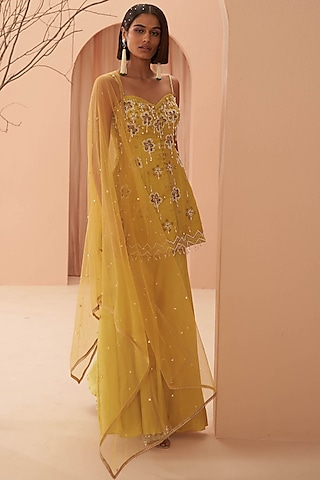 Yellow Organza Sharara Set by PARUL GANDHI