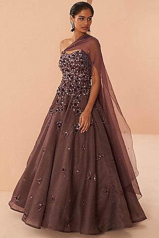 Wine Embroidered Gown by PARUL GANDHI