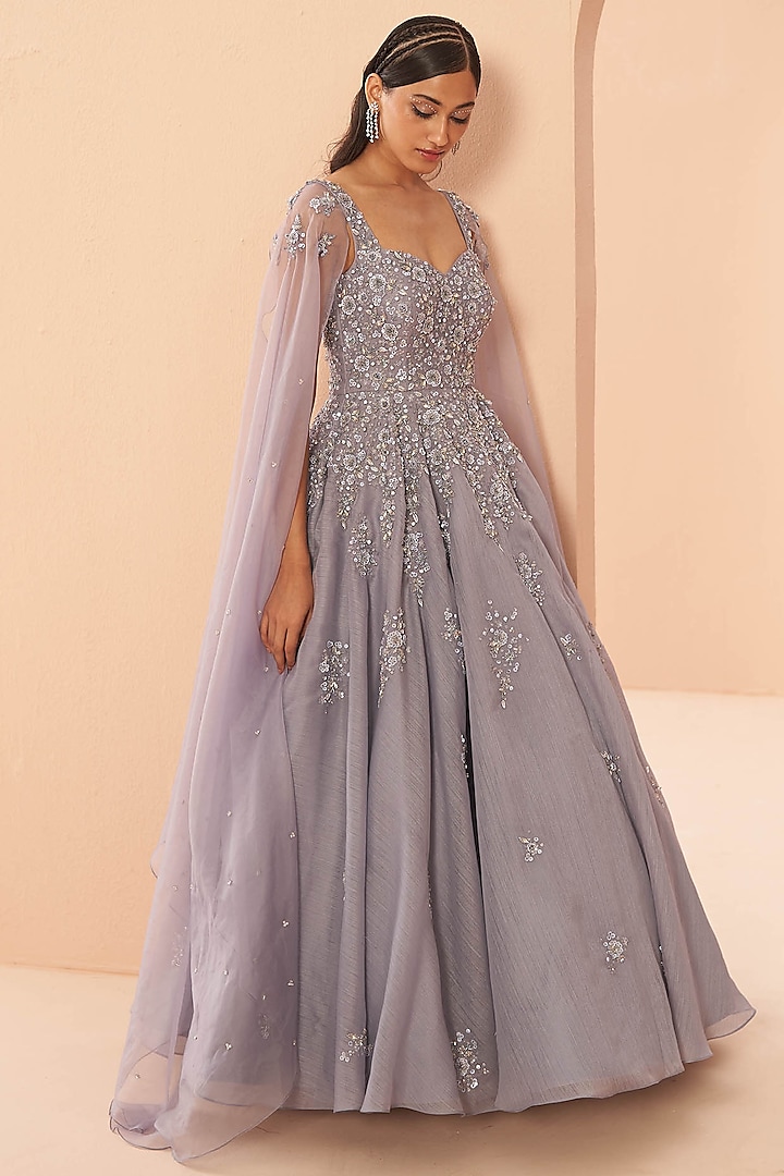 Lilac Organza Embroidered Gown by PARUL GANDHI