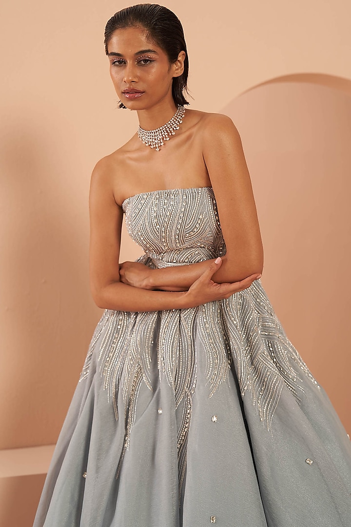 Ice Blue Organza Embroidered Gown by PARUL GANDHI