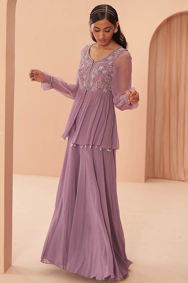 Lilac Embroidered Sharara Set by PARUL GANDHI