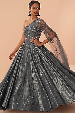 Blue Embroidered Gown by PARUL GANDHI