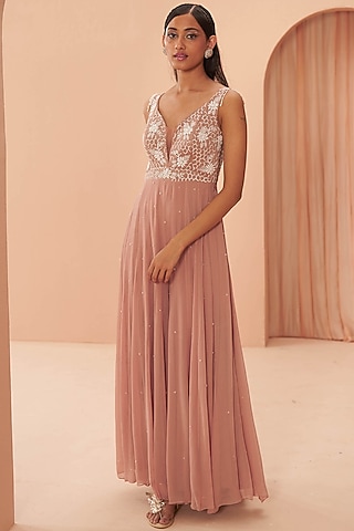 Salmon Pink Embroidered Jumpsuit by PARUL GANDHI