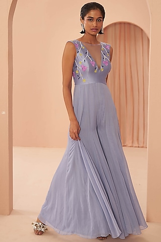 Lavender Embroidered Jumpsuit by PARUL GANDHI