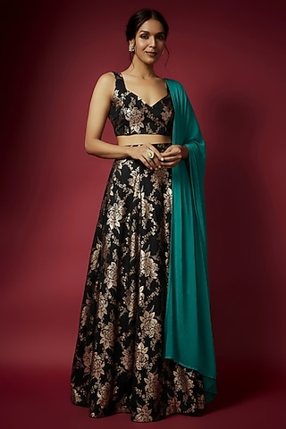 Black Metallic Polyester Foil Printed Lehenga Set by Phatakaa