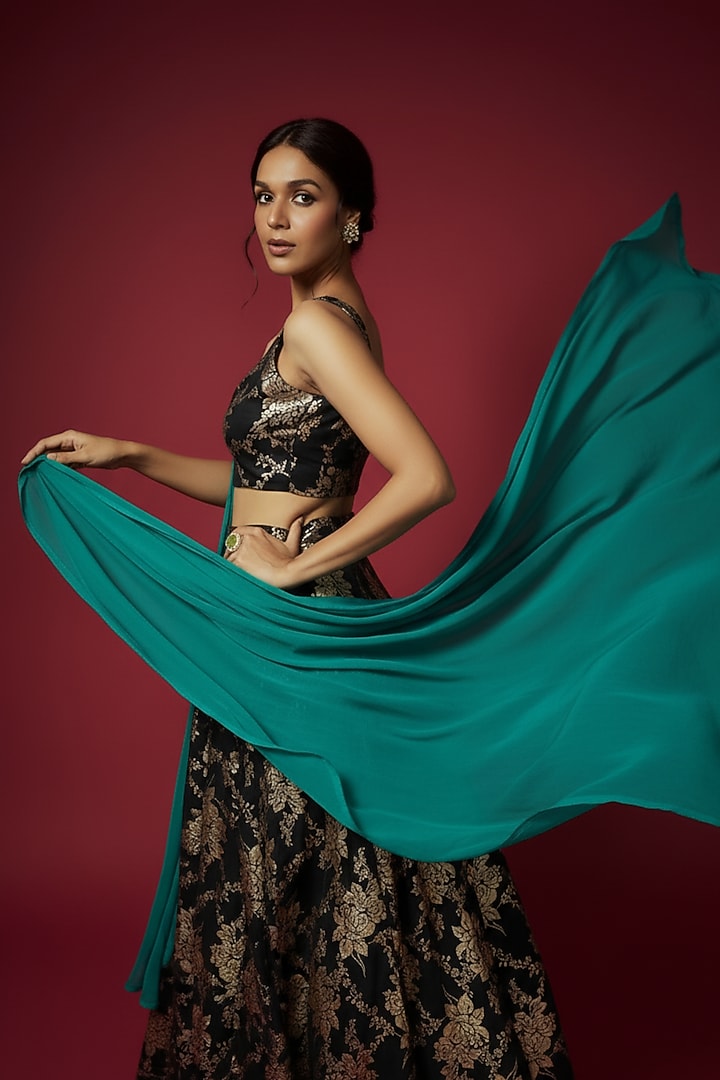 Black Metallic Polyester Foil Printed Lehenga Set by Phatakaa at Pernia's Pop Up Shop